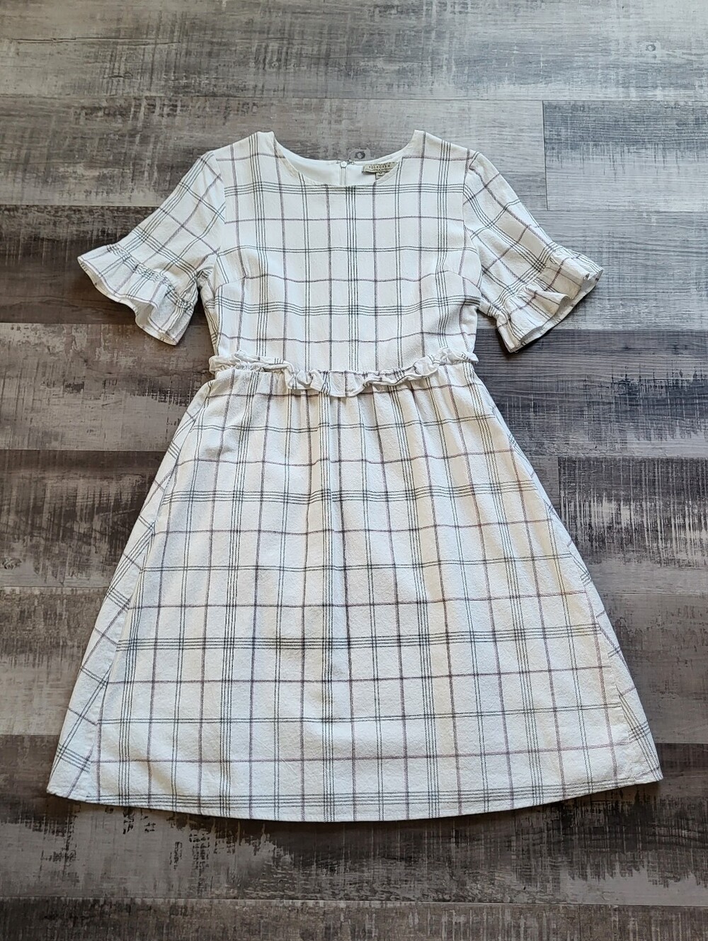 Polagram Plaid White Dress Size Medium Cottagecore Flutter Sleeve Fit And Flare